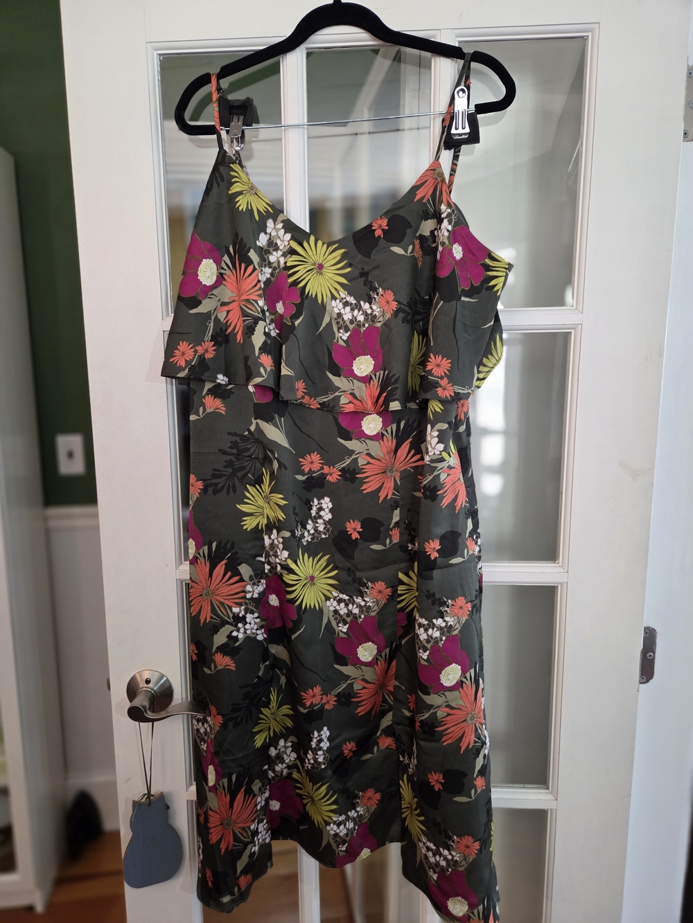 Banana Republic Olive Green Floral Spaghetti-Strap Dress - Size 14 - Picture 4 of 10